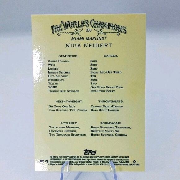 Nick Neidert RC 2021 Topps Chrome Allen & Ginter RC #300 Marlins - Picture 5 of 8